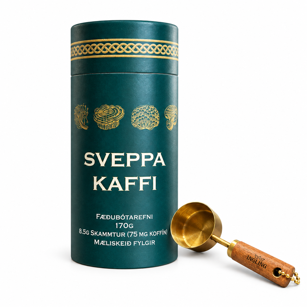 Sveppakaffi 170 g frá Ingling með meðfylgjandi mæliskeið á hvítum bakgrunni